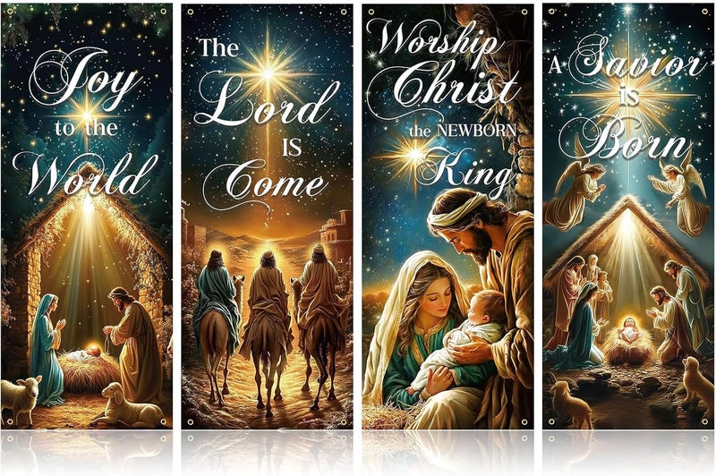FuWeave 4 Pcs Nativity Scene Church Banners with Scripture for Sanctuary Wall, Jesus' Birthday Scene Christian Xmas Religious Hanging Sign Banner for Christmas, Church Event, Communal Prayers - Image 1